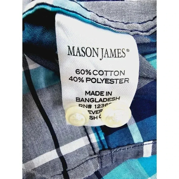 Mason James Size Large Men's White Aqua Gray Blue Check Button Down Pocket Shirt - Picture 7 of 10